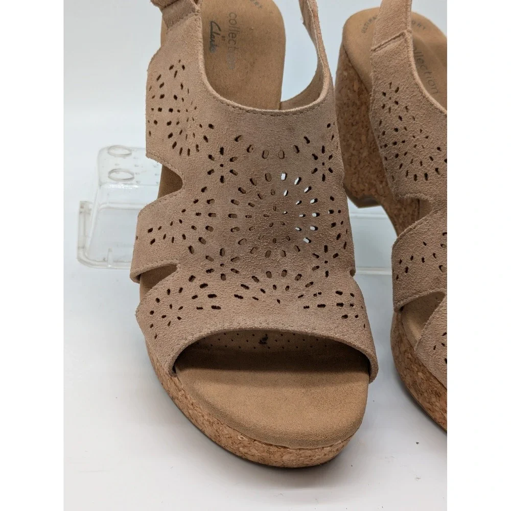 Clarks Collection Women's 8.5M Tan Suede Perforated Cork Wedge Sandals